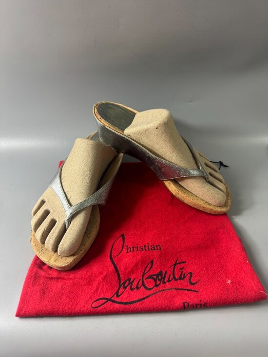 Christian Louboutin Shoes - Authentic Christian Louboutin Silver Metallic Leather Cork Wedges, Size 41